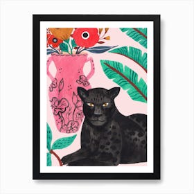 Black Jaguar And Pink Vase Art Print