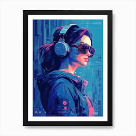 Futuristic Woman With Headphones, cyberpunk seria Art Print
