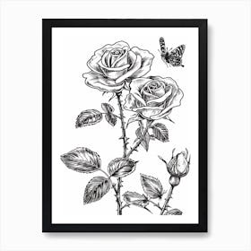Butterfly Rose Line Drawing 3 Art Print