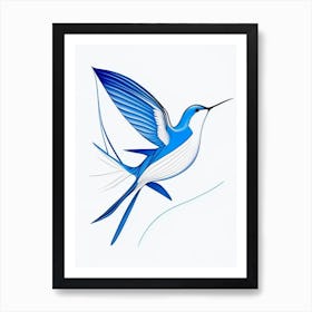 Hummingbird Symbol 2 Blue And White Line Drawing Art Print