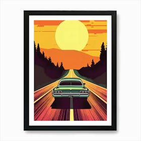 Car On The Road At Sunset Art Print