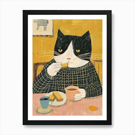 Black And White Cat Having Breakfast Folk Illustration 1 Art Print