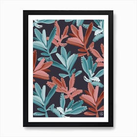 Dusty Pink And Turquoise Succulent Leaves Art Print