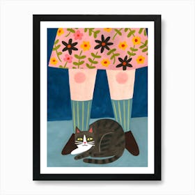 Cat and Woman in A Dress with Flowers and Long Socks Art Print