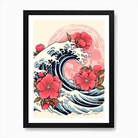 Great Wave With Rose Flower Drawing In The Style Of Ukiyo E 1 Art Print