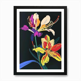 Neon Flowers On Black Freesia 2 Art Print