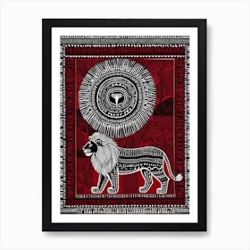 African Quilting Inspired Art of Lion Folk Art, Poetic Red, Black and white Art, 1227 Art Print
