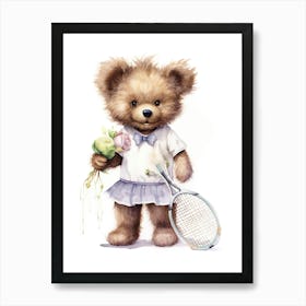 Badminton Teddy Bear Painting Watercolour 1 Art Print