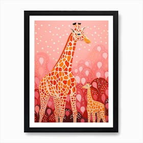 Giraffe & Calf Pink 2 Art Print