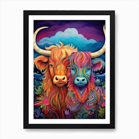 Two Highland Cows At Night Colourful Illustration Art Print