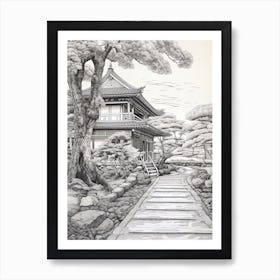 Koya San In Wakayama, Ukiyo E Black And White Line Art Drawing 1 Art Print