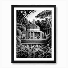 Royal Palace Of Laeken Gardens, Belgium Linocut Black And White Vintage Art Print