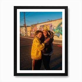 Best Friends Embracing Capturing An Intimate Candid Moment Smiles Creasing Their Faces One Drape (1) Art Print