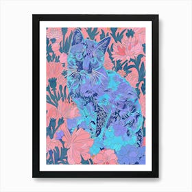 Cute Russian Blue Cat With Flowers Illustration 3 Art Print