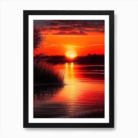 Sunset Over Lake Waterscape Crayon 1 Art Print