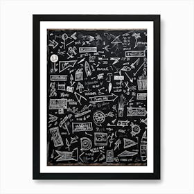 Blackboard Covered In A Collage Of Hand Drawn Icons Arrows And Abstract Doodles Symbolizing Direc (3) Art Print