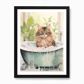 Maine Coon Cat In Bathtub Botanical Bathroom 2 Art Print