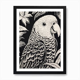 B&W Bird Linocut Parrot 2 Art Print