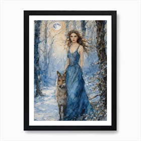 Diana - Goddess of Wolves, Pagan Moon Goddess Fairytale Witchy Watercolor Wiccan Original by Lyra the Lavender Witch - Winter Forest Yule Full Moon Spell Casting Magick Artwork Perfect For Witchcore or Cottagecore Gallery Feature Wall HD Art Print