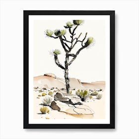 Joshua Tree In Rocky Landscape Minimilist Watercolour  (2) Art Print