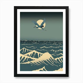 Crane Bird Flies Over The Ocean Art Print