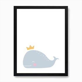 Scandi Blue Whale With Gold Crown Art Print