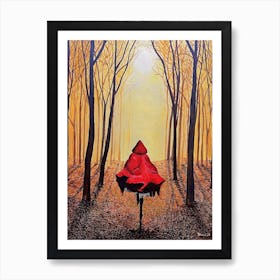 Woman In Red Cape Running In Forest Art Print