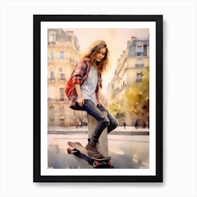 Girl Skateboarding In Paris, France Watercolour 3 Art Print