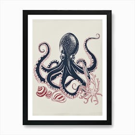 Blue Red Linocut Octopus With Shells 2 Art Print