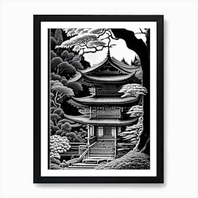 Ninna Ji Temple, 1, Japan Linocut Black And White Vintage Art Print