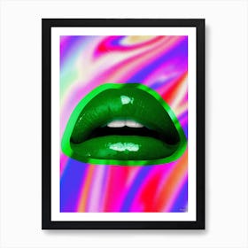 Collage Art Trippy Neon Lime Lips In Purple Art Print