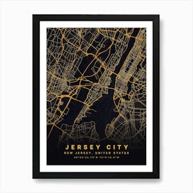 Jersey City New Jersey Black And Gold Map Art Print