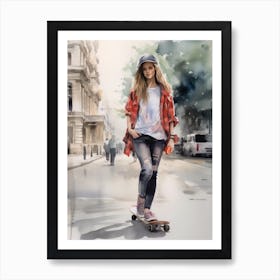 Girl Skateboarding In London, United Kingdom Watercolour 1 Art Print