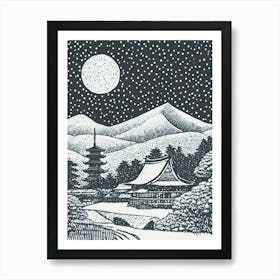 A Snow Covered Village With A Distant View Of A Pagoda Ukiyo-E Style Art Print