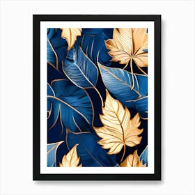 Gold Leaves On Blue Background Art Print