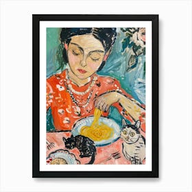 Portrait Of A Woman With Cats Eating Spaghetti 2 Art Print