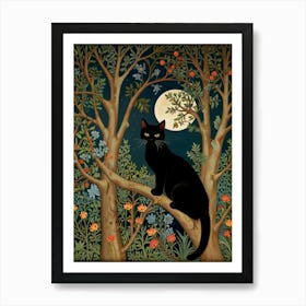 Cat In The Moonlight Style William Morris Art Print