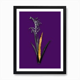 Vintage Antholyza Aethiopica Black and White Gold Leaf Floral Art on Deep Violet n.0868 Art Print