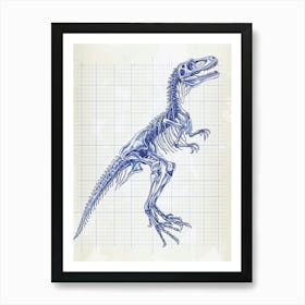 Utahraptor Dinosaur Skeleton Blue Print Style Art Print