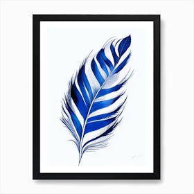 Feather Symbol Blue And White Line Drawing Art Print