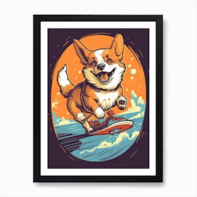 Corgi Dog Skateboarding Illustration 2 Art Print