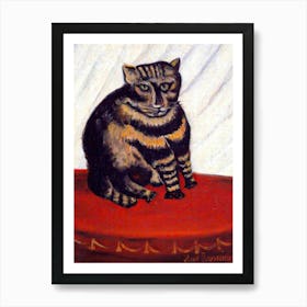 Henri Rousseau "The Tiger Cat" Le Chat Tigre (1844-1910) Famous Antique Oil Painting of Tabby Cat on Red Vintage Table - Signed and HD Remastered Art Print