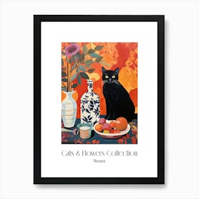 Cats & Flowers Collection Rose Flower Vase And A Cat, A Painting In The Style Of Matisse 7 Art Print