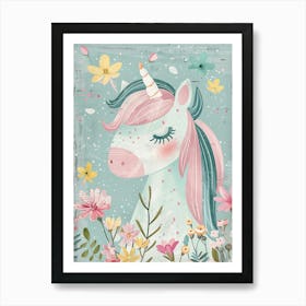 Storybook Style Unicorn & Flowers Pastel 2 Art Print