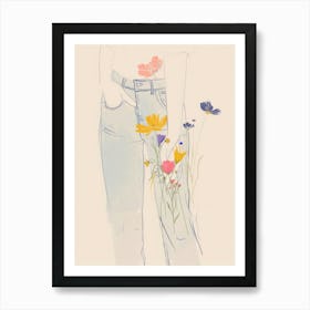 Blue Jeans Line Art Flowers 7 Art Print