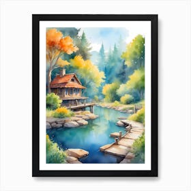 Watercolor House In The Forest 1 Art Print