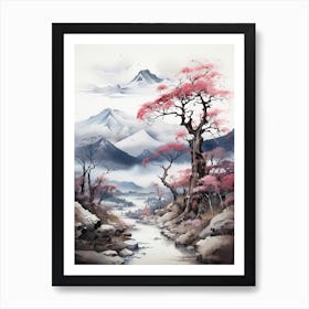 The Japanese Alps In Multiple Prefectures, Japanese Brush Painting, Ukiyo E, Minimal 3 Art Print