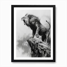 African Lion Charcoal Drawing Roaring On A Cliff 3 Art Print