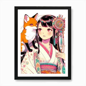 Japanese Girl With Fox Art Print