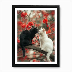 Black Cat And A White Cat Sitting In Love On A Tree Branch With Red Flowers Art Print